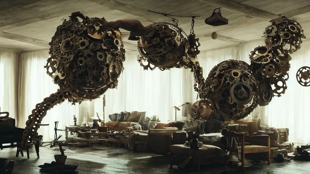 Image similar to a giant hand made of metal and cogs floats through the living room, film still from the movie directed by Denis Villeneuve with art direction by Salvador Dalí, wide lens