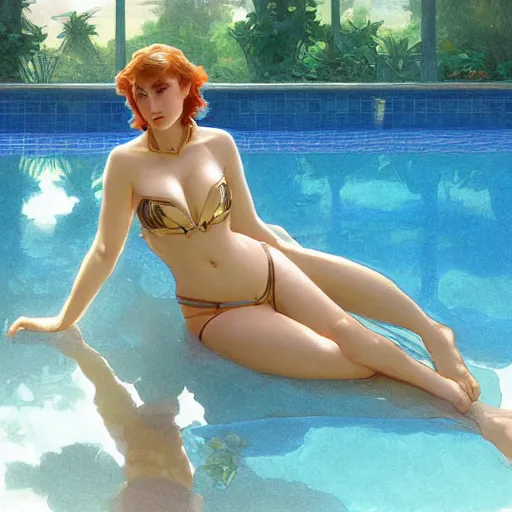 Prompt: leona from league of legends lounging at a swimming pool, elegant, intricate, highly detailed, soft light digital painting, artstation, smooth, sharp focus, illustration, by artgerm, greg rutkowski, alphonse mucha, william - adolphe bouguereau
