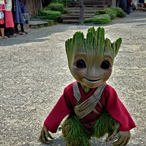 Prompt: baby groot in a japanese village