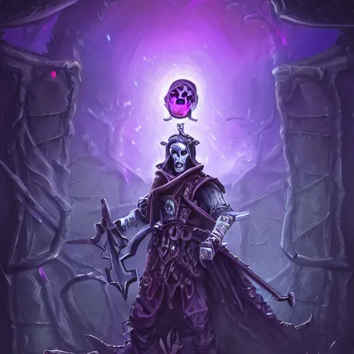 Image similar to a necromancer holding a bone staff calling an army of undead rising from the ground in the background, violet theme, hearthstone art style, epic fantasy style art, fantasy epic digital art, epic fantasy card game art