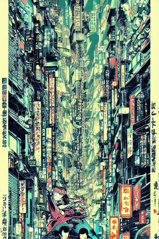 Image similar to futuristic japanese cyberpunk bladerunner silk screen by utagawa yoshiiku, ohara koson, pixiv contest winner, cyberpunk style, cyberpunk color scheme, mechanical, robotic, human machine interface, high resolution, hd, bold clear lines