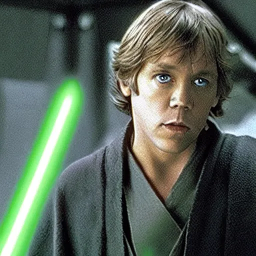 Prompt: Luke Skywalker holding his green lightsaber and looking concerned