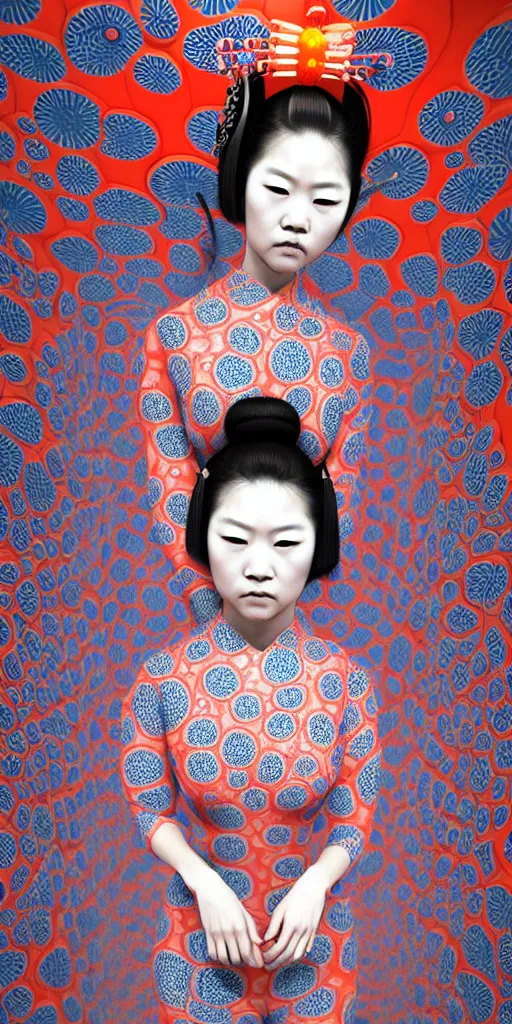 Image similar to hyperrealistic detailed image of a geisha in a art installation room, hd smooth interior by yayoi kusama, part by kei mieno, part by ross tran, dark art by james jean, ultra realistic, highly detailed, life like face, detailed body, 8 k, 3 d render by roger magrini, masterpiece