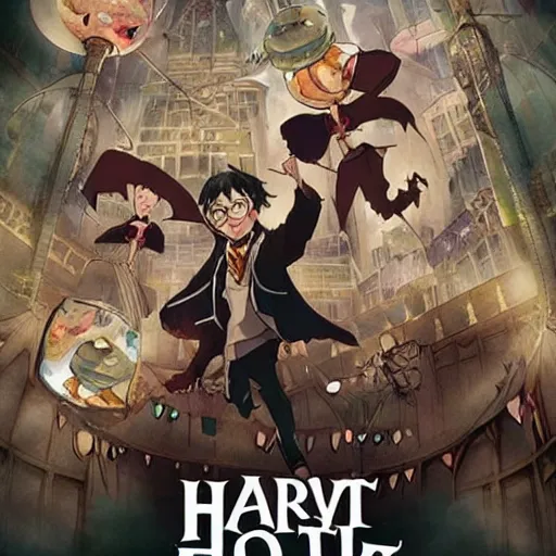 Prompt: poster for a film fantasy japanese animation called harry potter's fantastic chocolate factory, 8 k, hd, dustin nguyen, akihiko yoshida, greg tocchini, greg rutkowski, cliff chiang, award winning, awesome composition