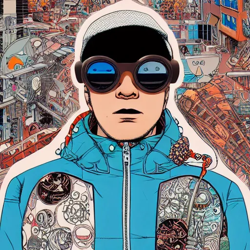 Prompt: hyper detailed comic illustration of a cyberpunk Tanjiro Kamado wearing a futuristic sunglasses and a gorpcore jacket, markings on his face, by Aoshima, Chiho and Geof Darrow, intricate details, vibrant, solid background, low angle fish eye lens