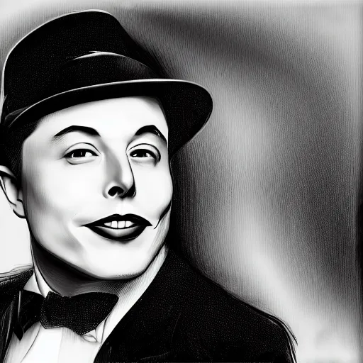 Image similar to a glamorous black and white portrait of elon musk with a hat, in the style of george hurrell