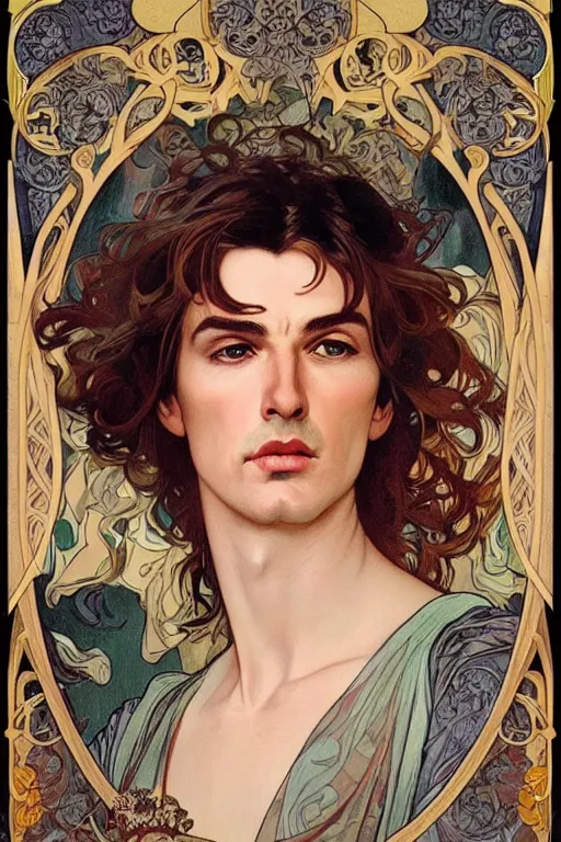 Prompt: realistic detailed face portrait of Pierce Brosnan in the style of Alphonse Mucha and Charlie Bowater, Art Nouveau ornaments, vivid colors