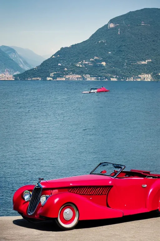 Prompt: Photo of a red 1939 Delahaye parked on a dock with Lake Como in the background, wide shot, daylight, blue sky, summer, dramatic lighting, award winning, highly detailed, 1980s, luxury lifestyle, fine art print, best selling.