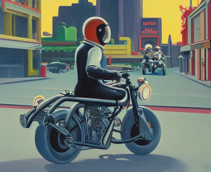 Image similar to a very detailed painting of a astronaut wearing a suit, riding a motorbike down a street, harley davidson motorbike, worm's - eye view, very fine brush strokes, very aesthetic, very futuristic, in the style of edward hopper and grant wood and syd mead, 4 k,