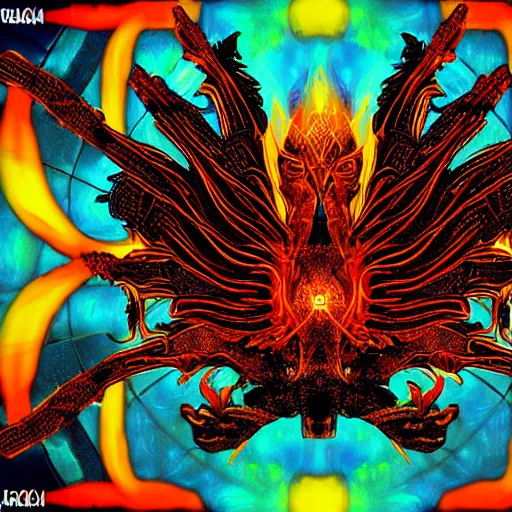 Image similar to three - headed cyberpunk flaming hell chicken, sacred geometry background, alchemy, merkabah, psychedelic, pop art in the style of frank lloyd wright