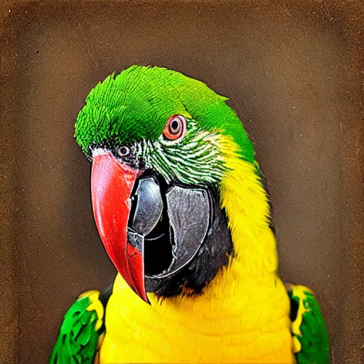 Image similar to closeup wet plate photograph of a double yellow - headed amazon parrot, daguerreotype, collodion photography, studio lights, eye catching, exaggerated texture