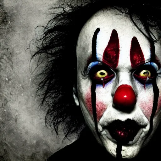 Prompt: portrait of a horror Clown, mood is dark and gloomy, by Tim Burton,