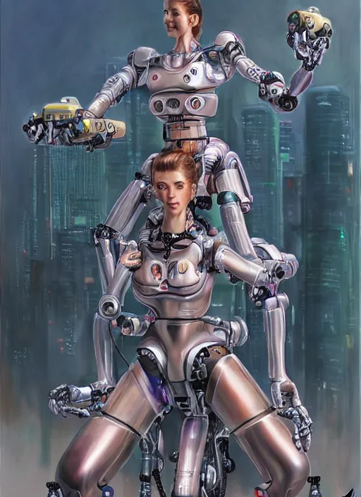 Image similar to An epic fantastic realism graphic novel cover style painting of a beautiful girl, riding on the shoulders, of a robot with four arms, robotics, short pigtails hair, cyberpunk, Concept world Art, ultrarealistic, hyperrealistic, dynamic lighting by Hajime Sorayama