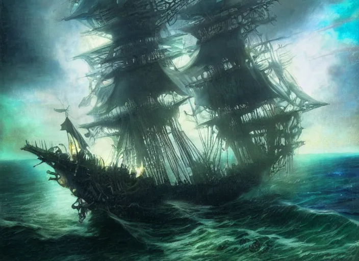 Prompt: Beautiful render of a flying glowing pirate ship by Titian and Chie Yoshii and Villeneuve, portrait, cyberpunk, vaporwave, intricate, elegant, light green mist, storm, The Flying Dutchman, magical, highly detailed, dramatic lighting, sharp focus, trending on artstation, artstationHD, artstationHQ, unreal engine, 4k, 8k