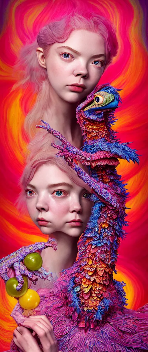 Image similar to hyper detailed 3d render like a Oil painting - kawaii portrait of two Aurora (a beautiful skeksis muppet fae princess protective playful expressive eyes from dark crystal that looks like Anya Taylor-Joy) seen red carpet photoshoot in UVIVF posing in scaly dress to Eat of the Strangling network of yellowcake aerochrome and milky Fruit and His delicate Hands hold of gossamer polyp blossoms bring iridescent fungal flowers whose spores black the foolish stars by Jacek Yerka, Ilya Kuvshinov, Mariusz Lewandowski, Houdini algorithmic generative render, Abstract brush strokes, Masterpiece, Edward Hopper and James Gilleard, Zdzislaw Beksinski, Mark Ryden, Wolfgang Lettl, hints of Yayoi Kasuma and Dr. Seuss, octane render, 8k