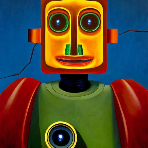 Prompt: super - intelligent robot with kind eyes portrait, lowbrow, grant wood, pj crook, edward hopper, oil on canvas