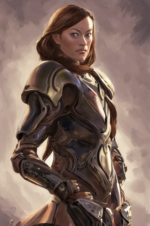 Image similar to a professional painting of a young Olivia Wilde, clothes in military armor, olive skin, long dark hair, beautiful bone structure, symmetrical facial features, intricate, elegant, digital painting, concept art, smooth, sharp focus, illustration, from StarCraft by Ruan Jia and Mandy Jurgens and Artgerm and William-Adolphe Bouguerea