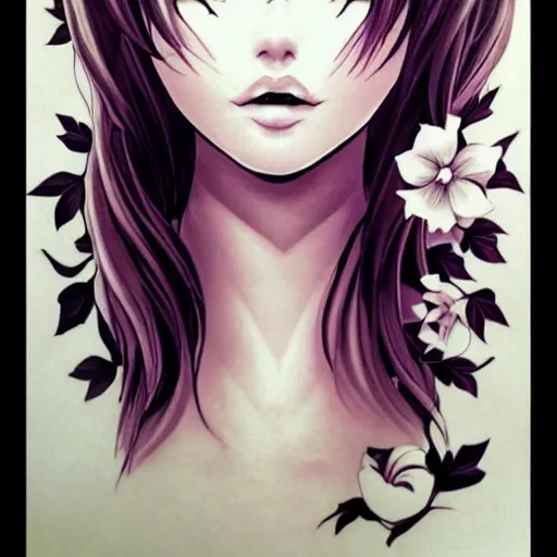 Image similar to tattoo design, stencil, beautiful japanese girls face, ivy surrounding by artgerm, artgerm, cat girl, anime