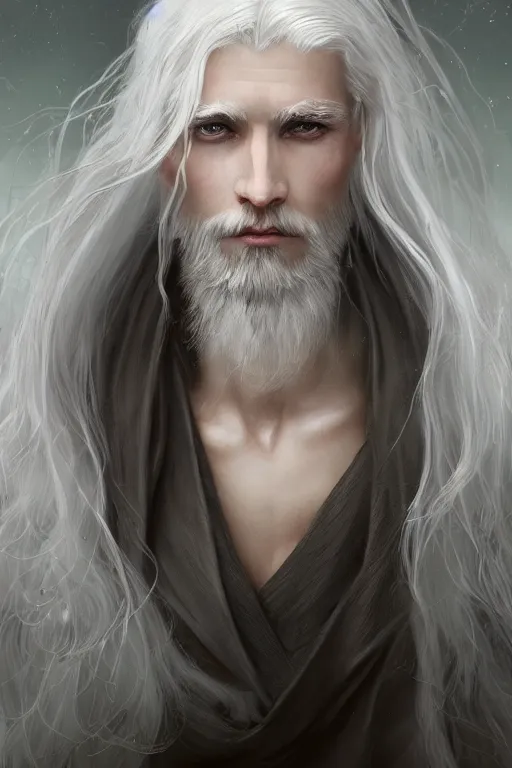 Image similar to white haired robe fu xi full male front body portrait, very long white beard and hair, long hair shawl, fine kindness delicate prefect face features gaze, piercing eye, elegant, style of tom bagshaw, cedric peyravernay, peter mohrbacher, victo nga, 4 k hd illustrative wallpaper, animation style, chinese style