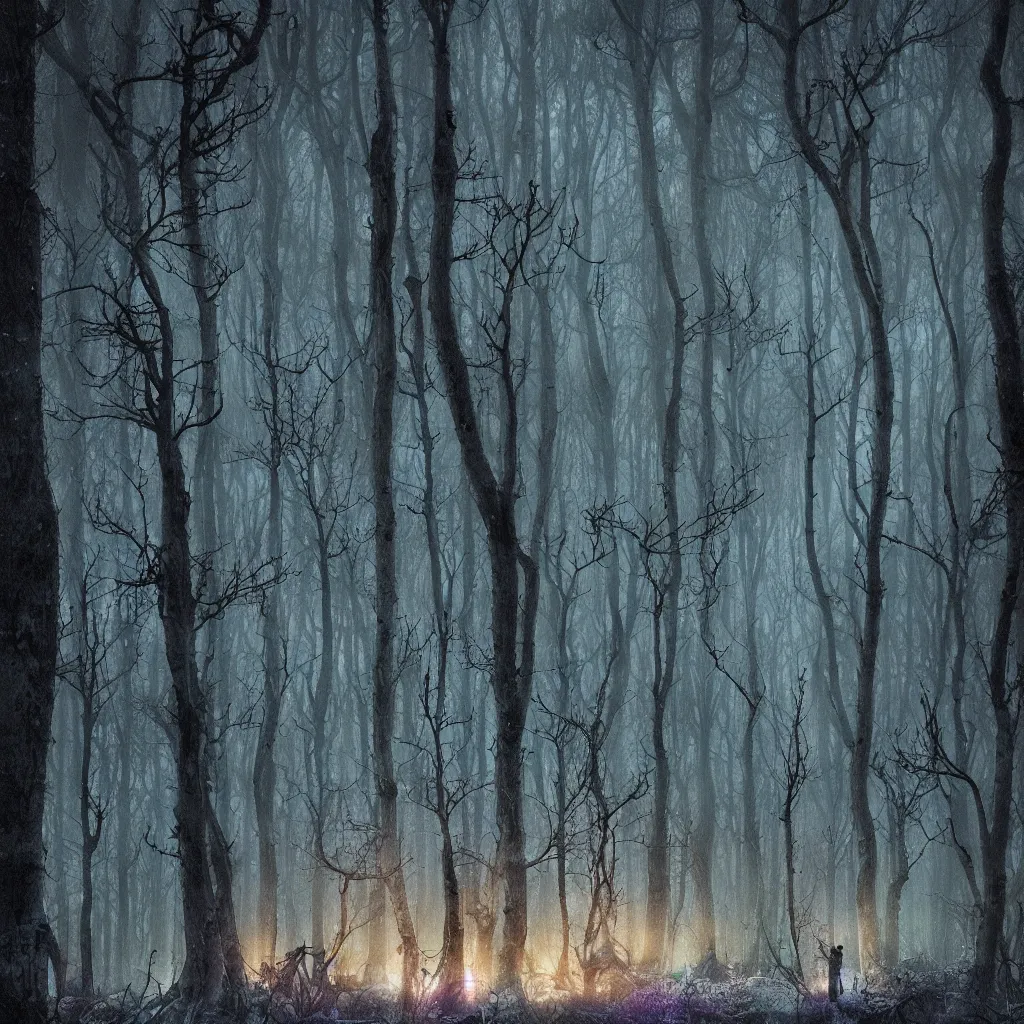 Prompt: a dark enchanted lush winter forest at night, upward cinematic angle, by p. craig russell, michael kaluta, charles vess, bill sienkiewicz and greg rutkowski, ghostly low light, stunning composition, intricate, elegant, digital art, hyperdetailed, colorful hyperrealism, sharp depth of field, 8k