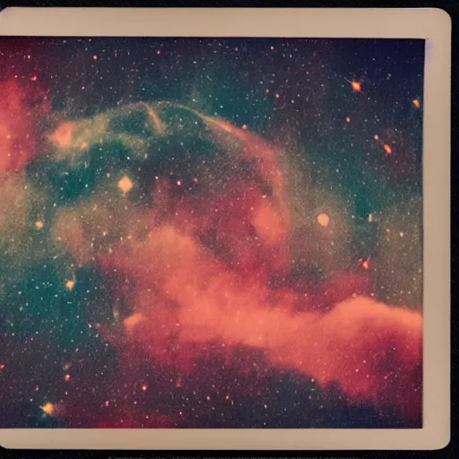 Image similar to vintage polaroid of our galaxy in deep space, detailed clouds, nebula, planets, galaxies, warm azure tones, red color bleed, film grain