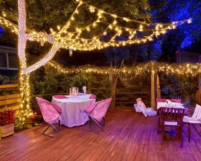 Prompt: a still photo of a backyard at night with fairy lights, house on the left side with wooden flooring, warm lighting, after party