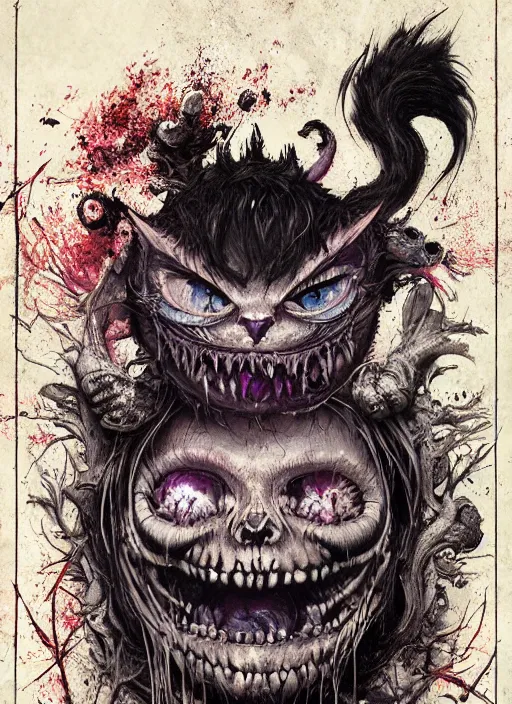 Prompt: Cheshire Cat choping wood,Death Tarot card,highly detailed,half skull face,cinematic,8k,by Stanley Artgermm,Tom Bagshaw,Greg Rutkowski,Carne Griffiths, Ayami Kojima, Beksinski, Giger,trending on DeviantArt,hyper detailed,horror, full of colour