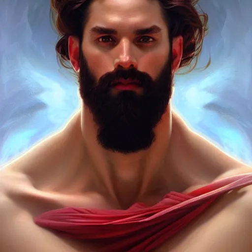 Image similar to portrait of a heavenly god, male, clear face, red and white and gold, masculine, beard, upper body, muscular, fantasy, intricate, elegant, dramatic lighting, highly detailed, digital painting, artstation, concept art, matte, sharp focus, illustration, art by artgerm and greg rutkowski and alphonse mucha