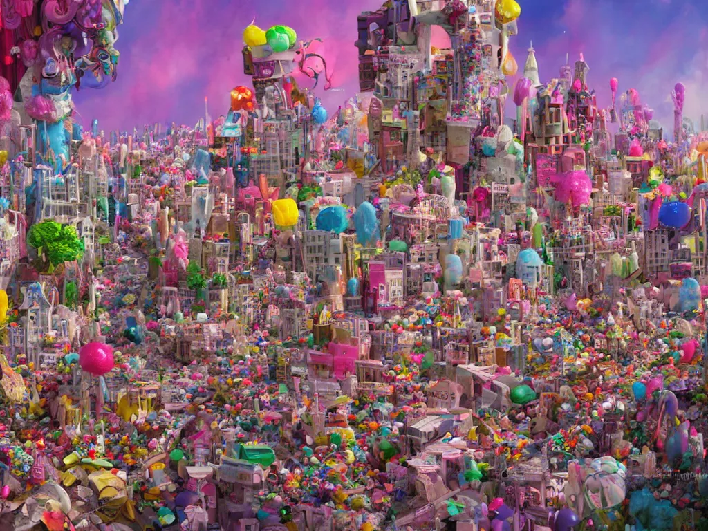 Prompt: an urban landscape where the buildings are made of candies, cotton candy, marshmallow and sweets, david lachapelle, alice in wonderland, trending on artstation,