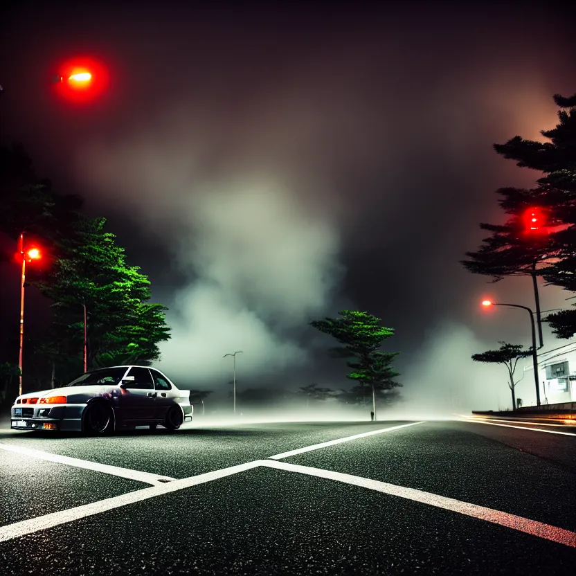 Image similar to one car JZX90 twin turbo drift middle of empty street, misty kanagawa prefecture, night, cinematic color, photorealistic, highly detailed,