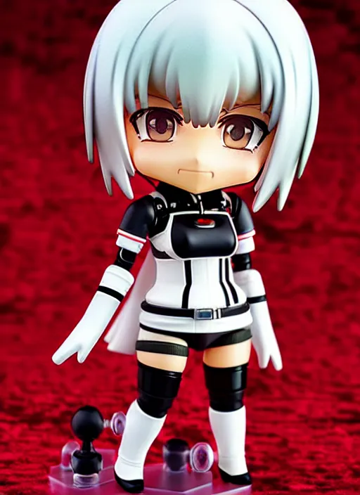 Prompt: Nendoroid of a hopeful pretty astronaut lady with a wavy blonde hair, 4k resolution, nier:automata inspired, bravely default inspired, vibrant but dreary but upflifting red, black and white color scheme!!! ((Space nebula background))