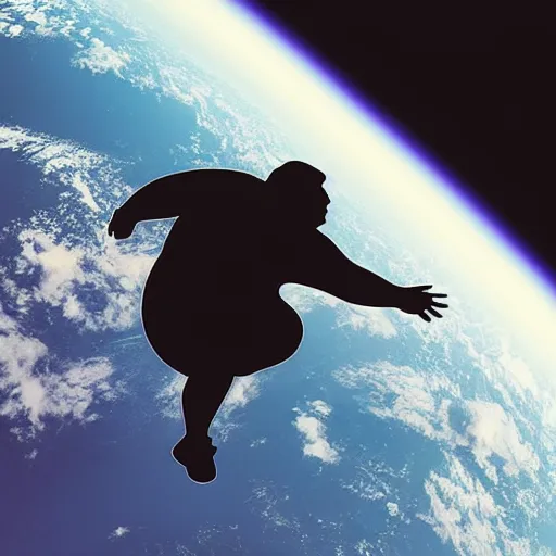 Image similar to some really obese man taking a leap of faith through space, only for his body to rapidly inflate due to lack oxygen