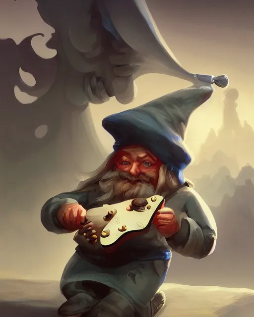 Image similar to male gnome spy, fantasy portrait, playing a magical mandolin, shadowy figure by peter mohrbacher, artstation