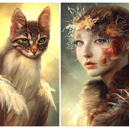 Prompt: portrait character design, a cute feathered cat in an autumn forest, feathers plumage, plumed by brian froud, portrait studio lighting by jessica rossier and brian froud and gaston bussiere