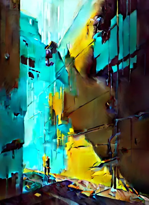 Image similar to matte painting extreme offset 3 d calligraphy graffiti mural dripping paint wall extreme maximalism by atey ghailan, by greg rutkowski, by greg tocchini, by james gilliard, by joe fenton, yellow, brown, black and cyan color scheme, octane render