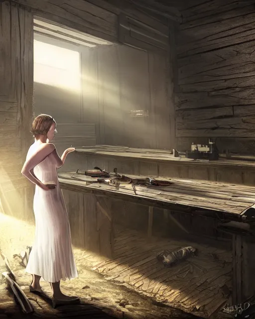 Image similar to style : disco elysium. composition : medium shot. style : digital art ; detailed ; menacing ; 4 k. scenery : the inside of a dark barn ; a faint ray of light is shining through a crack in the planks. subject : a young woman ; dark hair ; wearing a white dress. action : the woman is hiding behind a workbench.