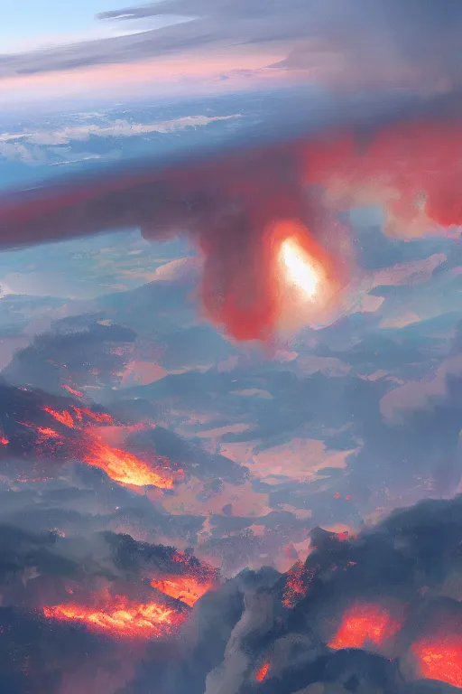 Image similar to airplane window view, the end of the word, huge fire, matte painting, ilya kuvshinov landscape, very detailed, ArtStation