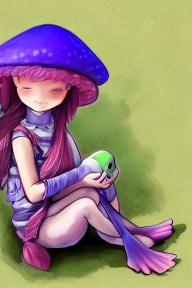 Image similar to a beautiful little girl wearing a mushroom hat sitting on her bed petting a frog in her lap | | purple hair, pretty face, sharped details, in xenoblade art style, trending on pixiv, anatomically correct