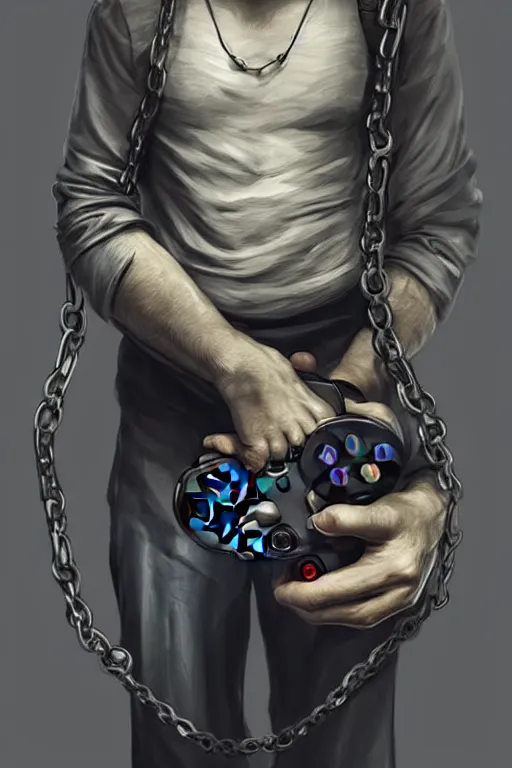 Prompt: very tired man holding gaming console in hands. he is chained to the console, intricate, elegant, highly detailed, digital painting, artstation, concept art, addiction, chains, smooth, sharp focus, illustration, art by ilja repin