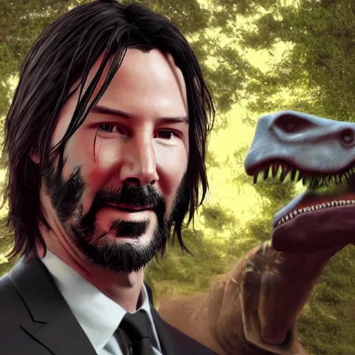 Image similar to a hyper real comic book style portait painting of keanu reeves in the stone age with dinosaurs, unreal 5, hyperrealistic, octane render, cosplay, rpg portrait, dynamic lighting