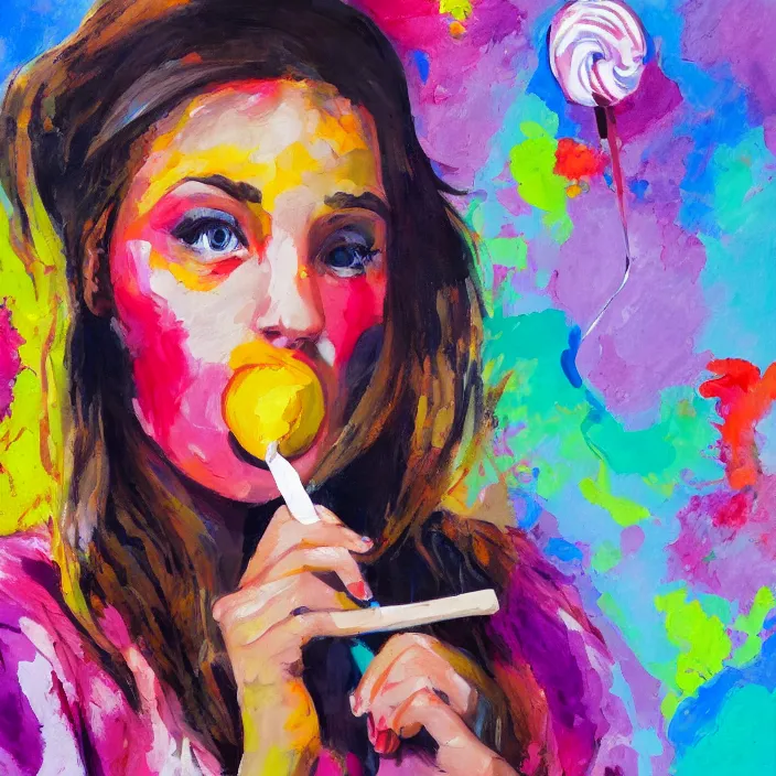 Image similar to portrait of beautiful woman licking a lollipop painted with colorful gouache impasto