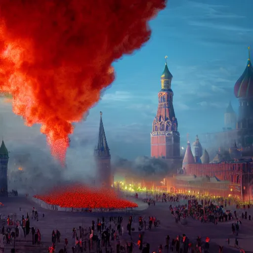 Prompt: huge explosion in Red Square Kremlin in the form of cotton plant, clubs of smoke are cotton plants, beautiful dynamic lighting, cinematic, establishing shot, extremely high detail, photo realistic, cinematic lighting, post processed, concept art, artstation, matte painting, style by frederic church, raphael lacoste, unreal engine 8k