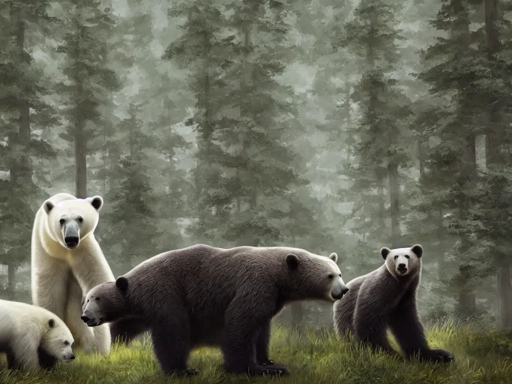 Prompt: a polar bear arguing with a black bear in the middle of a clearing in a vibrant forest, digital painting, trending on artstation, deviantart, 8k, epic composition, intrinsic details, perfect coherence