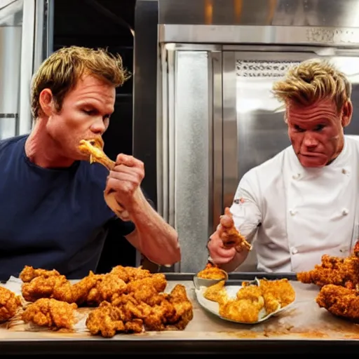 Prompt: dexter morgan and gordon ramsay eating fried chicken