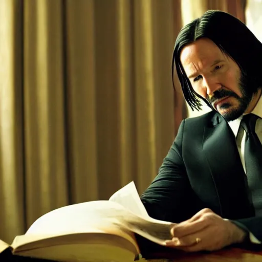 Image similar to cinematic still of John Wick reading the Bible in John Wick (2009). shallow depth of field, cinematic