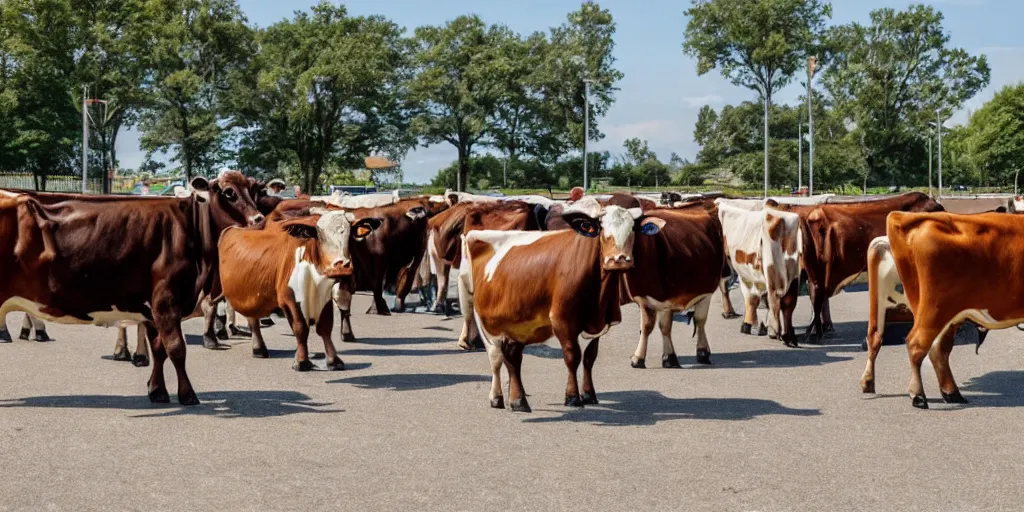 Prompt: a herd of cows in a skatepark
