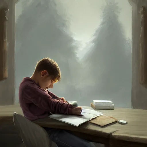 Image similar to Epic portrait An exhausted boy doing homework while his angry dad is watching him, Blurred backround, Cozy, atmospheric, digital painting, artstation, concept art, soft light, hdri, smooth, sharp focus, illustration, fantasy, intricate, elegant, highly detailed, D&D, matte painting, in the style of Greg Rutkowski and Alphonse Mucha and artemisia, 8k, highly detailed, jurgens, rutkowski, bouguereau, pastoral, rustic, georgic