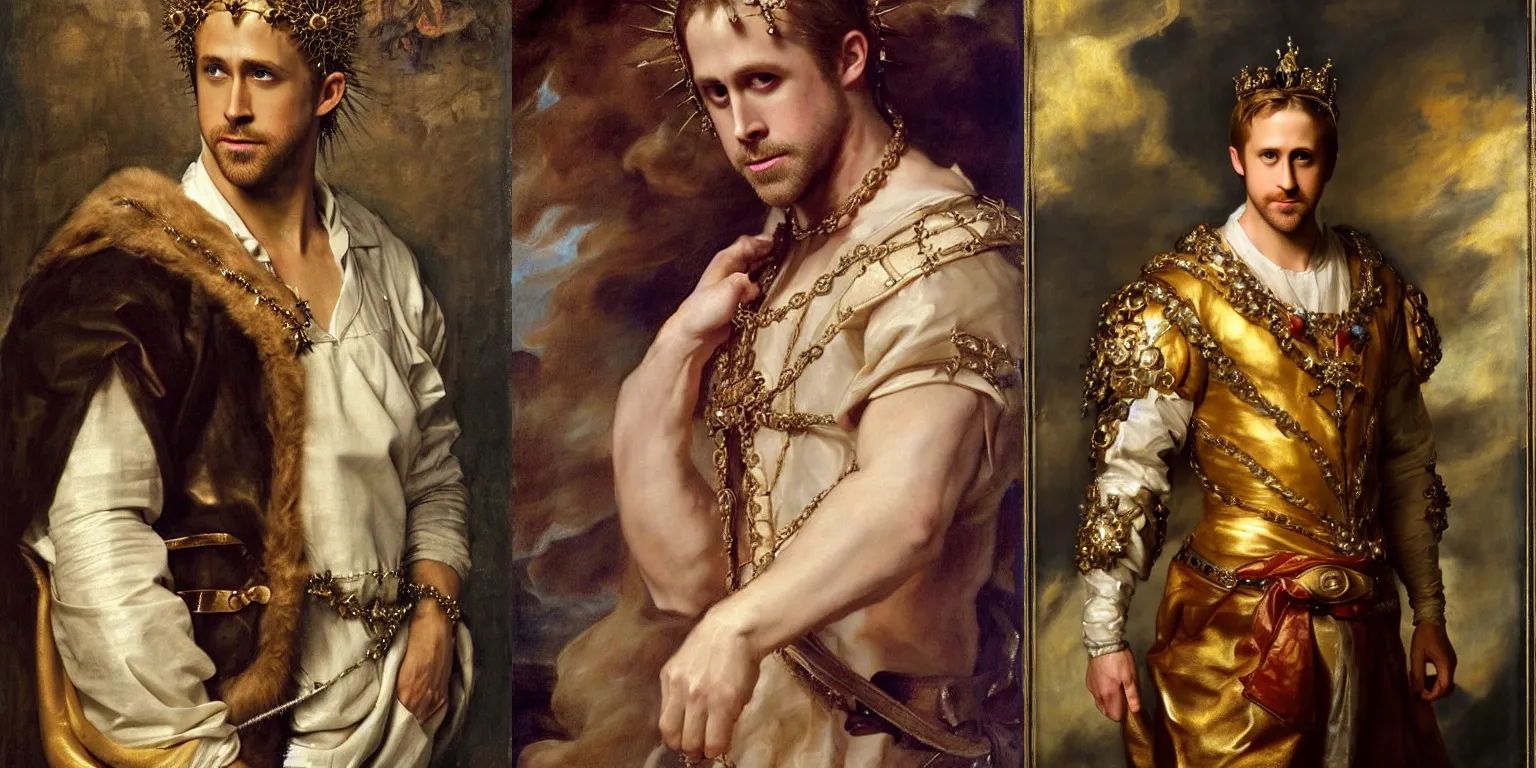 Prompt: Gorgeous full-body renaissance portrait of Ryan Gosling as a king of fantasy kingdom with Crown of thorns on his head, front view, gold, artstation, very beautiful, luxurious, impressive, soft light, dazzling, divine, elegant, by Anthony van Dyck and Daniel Gerhartz