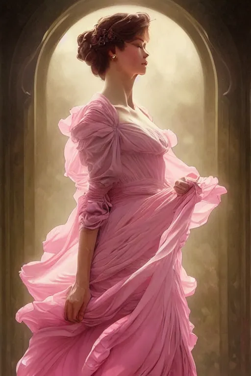 Image similar to woman dressed in a vaporous wrapped large victorian pink roses silk semi-transparent dress fashion is running D&D, fantasy, intricate, elegant, highly detailed, digital painting, artstation, concept art, matte, sharp focus, illustration, art by Artgerm and Greg Rutkowski and Alphonse Mucha