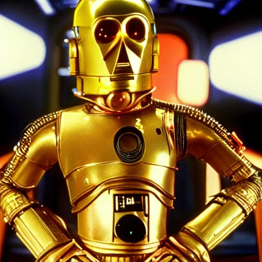 Prompt: A still of C3PO as Han Solo from Star Wars The Empire Strikes Back. Extremely detailed. Beautiful. 4K. Award winning.